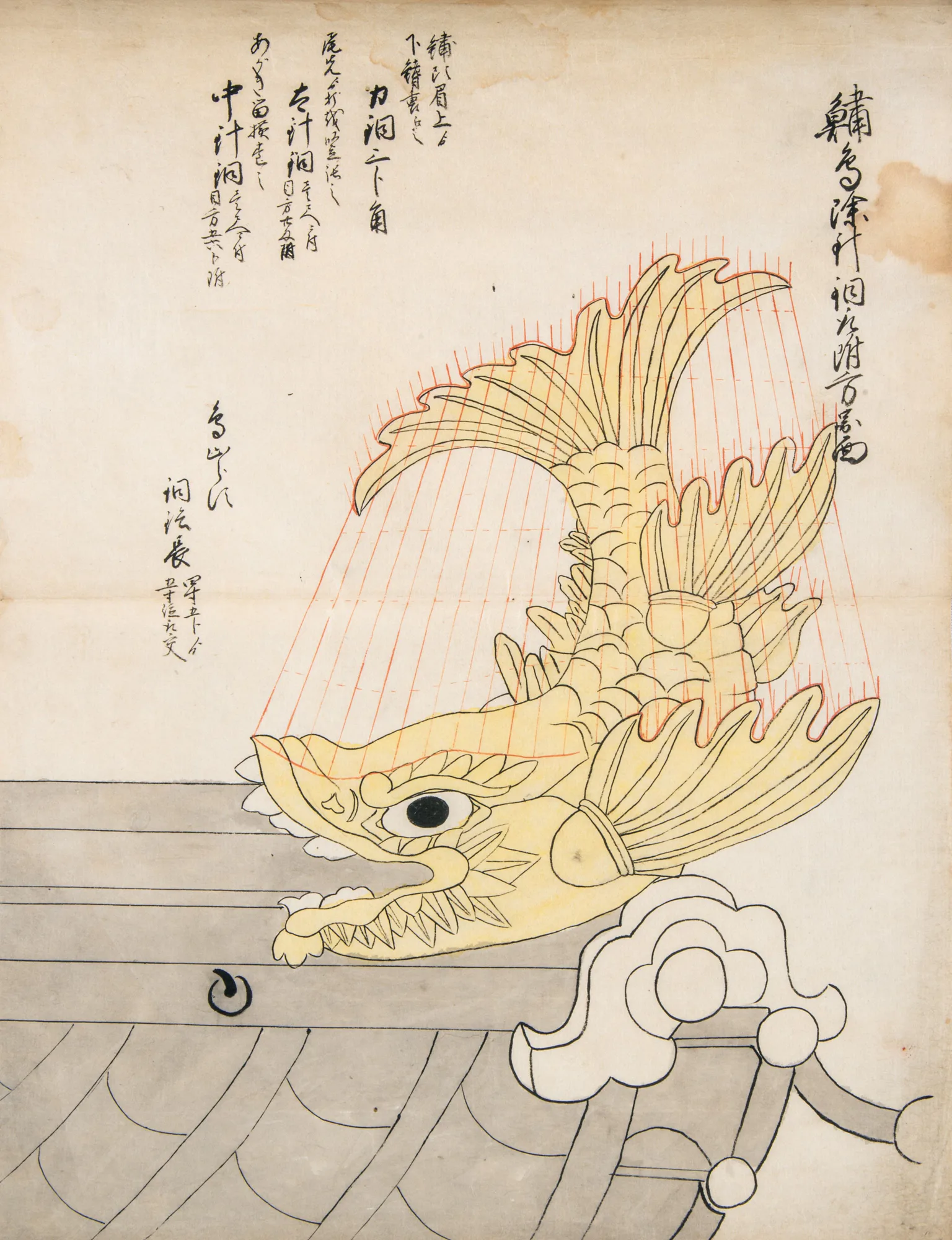 屋根に据えられた金鯱を横から描いた図。周囲に朱線で寸法が書き込まれている