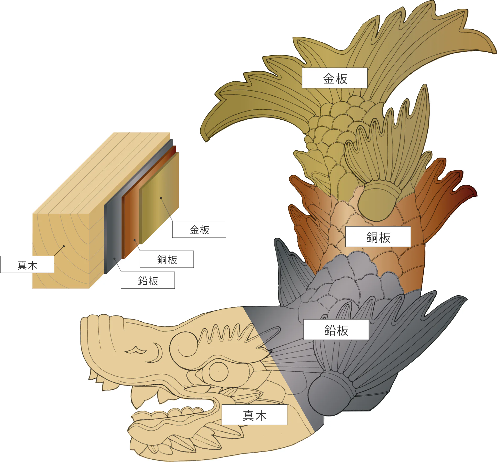 金鯱の断面図。内側から真木・鉛板・銅板・金板の4層が重なっている。あわせて金鯱全体の図が、同じ4層に塗り分けてある